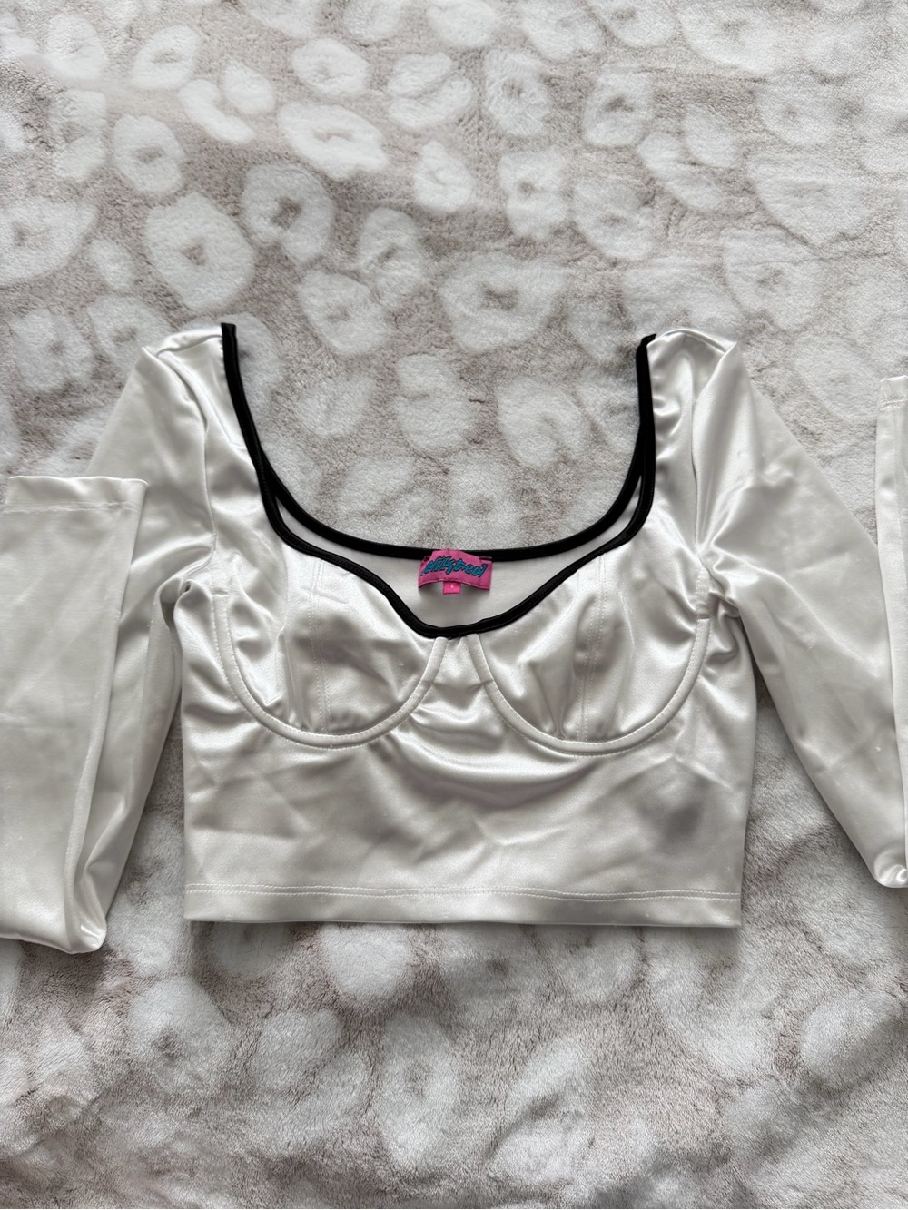 Edikted White Satin Crop Top with Black Trim